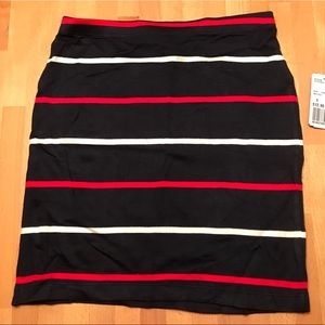 Stretchy navy mini skirt with red & white stripes.